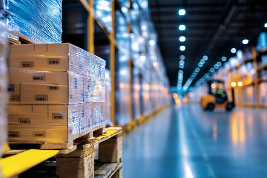Pallets of boxed goods shrink-wrapped in plastic inside a brightly lit bonded warehouse with a forklift in the background.