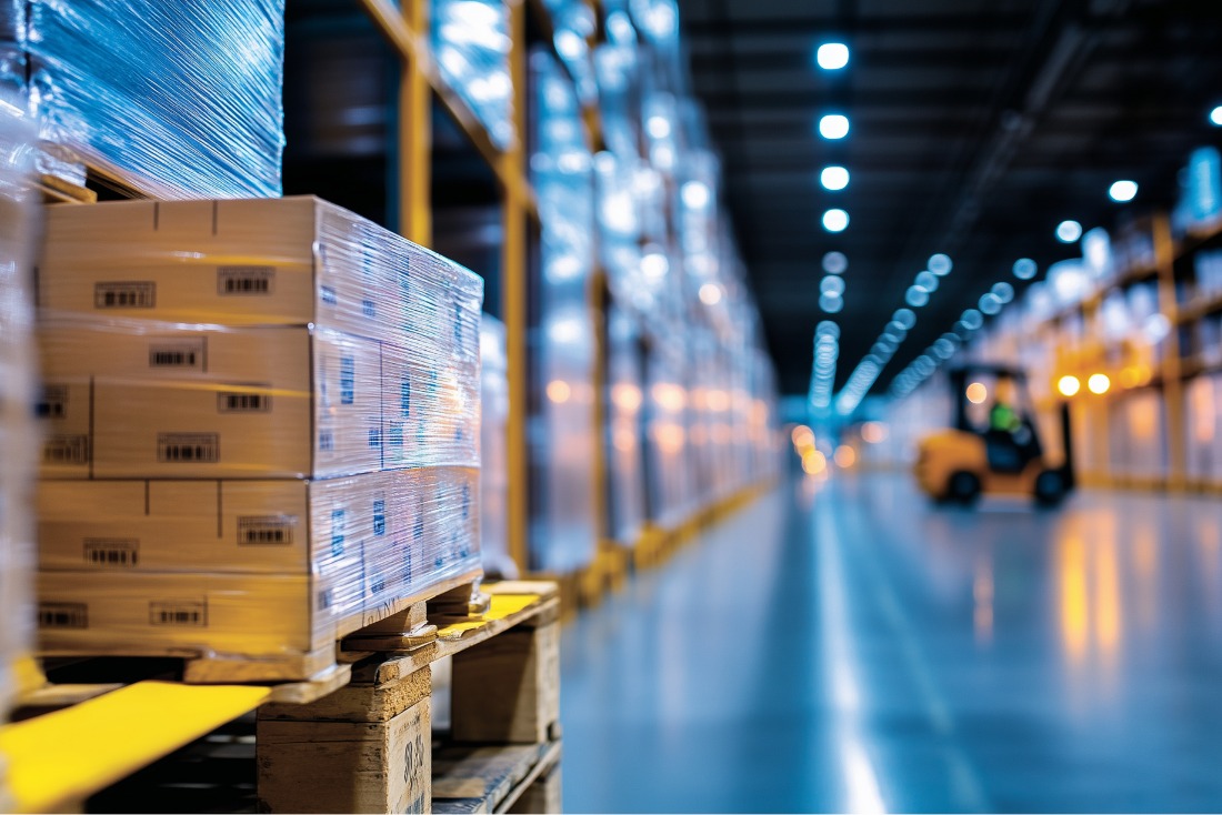 Pallets of boxed goods shrink-wrapped in plastic inside a brightly lit bonded warehouse with a forklift in the background.