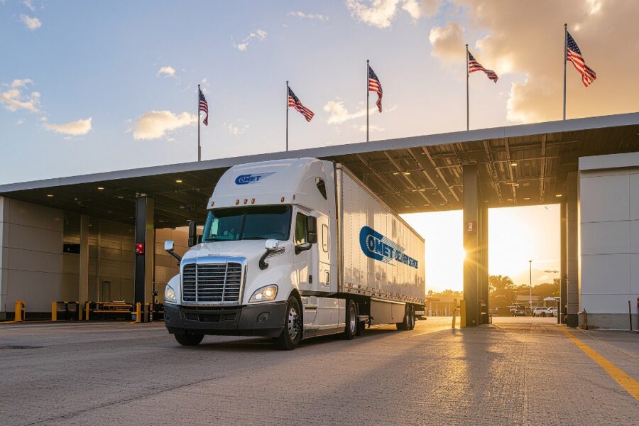 Comet Delivery Services truck entering a U.S. Customs inspection facility at sunset with American flags overhead.