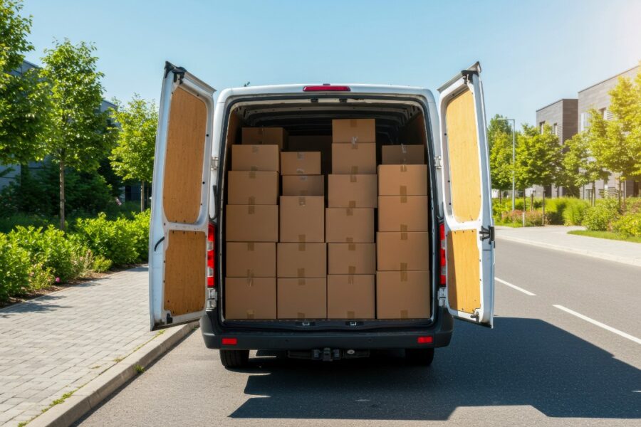Delivery van loaded with packages on a sunny suburban street