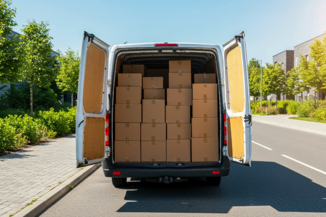 Delivery van loaded with packages on a sunny suburban street