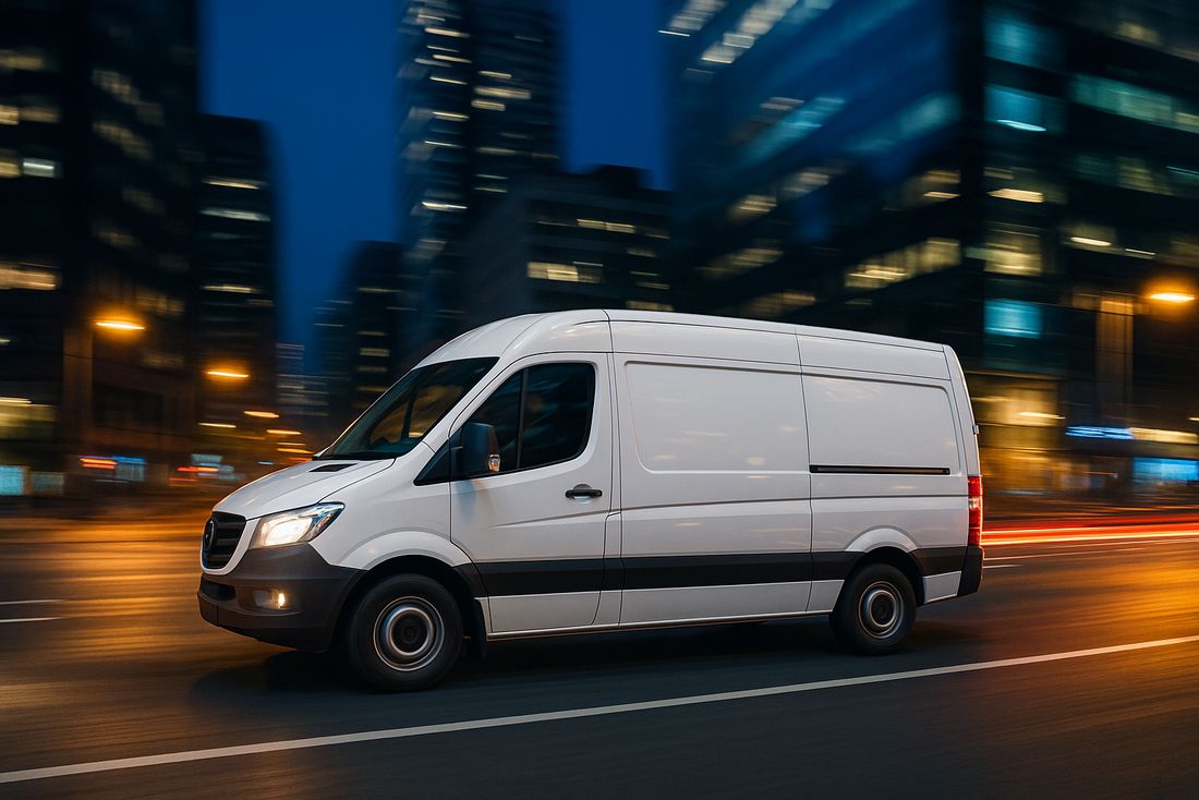 White cargo van driving through a city at night with light trails