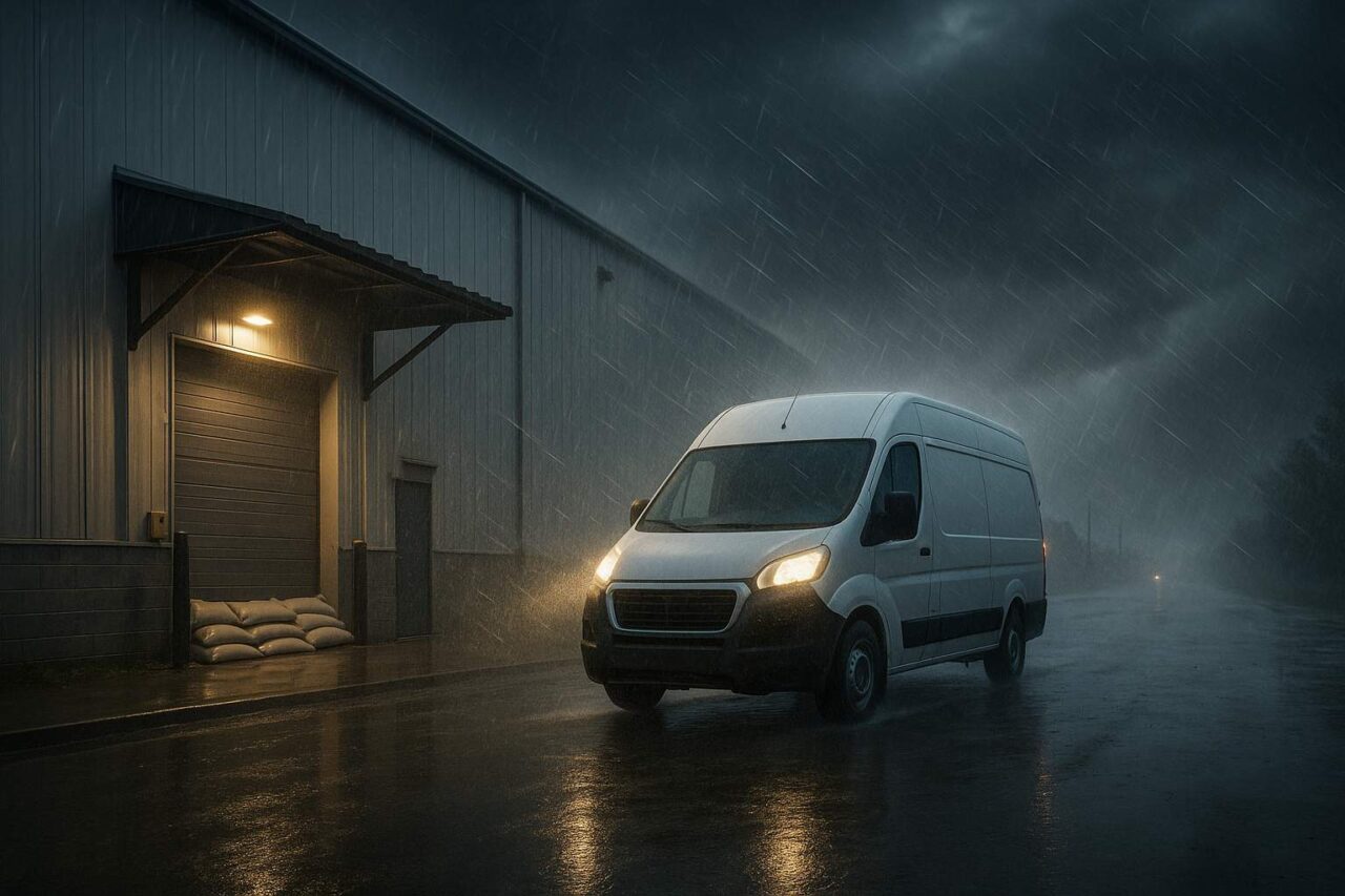 A white delivery van drives away from a warehouse in heavy rain with wind-blown debris swirling around, its headlights cutting through the stormy darkness.