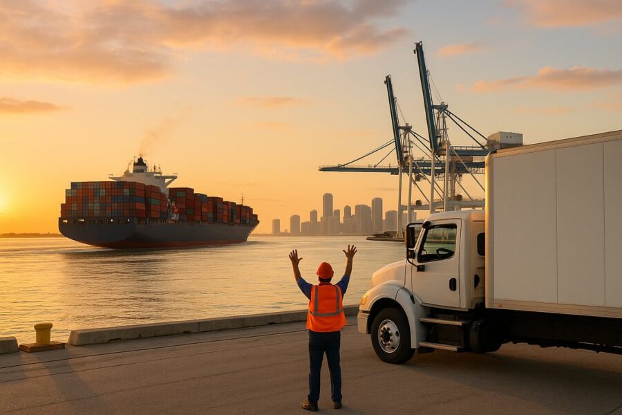 Truck driver waving arms on PortMiami dock as container ship sails away at sunrise.