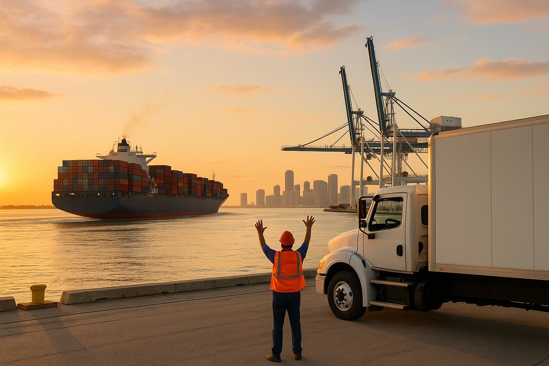 Truck driver waving arms on PortMiami dock as container ship sails away at sunrise.