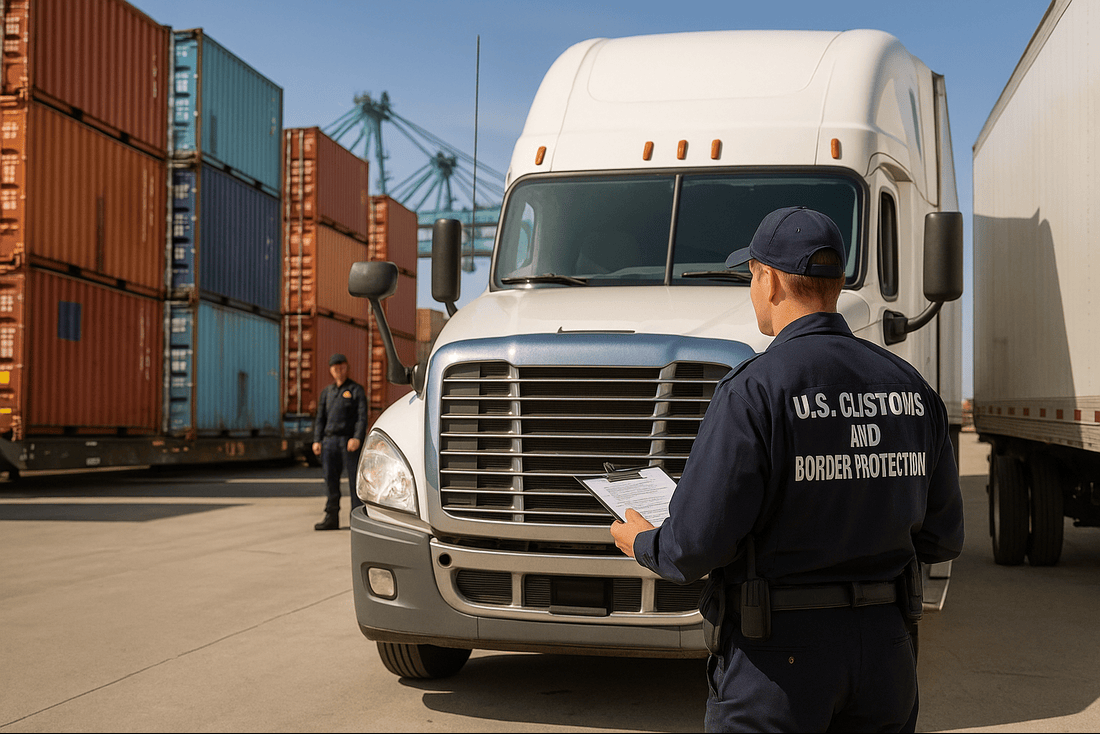 Customs officer speaking with truck driver at PortMiami with containers and cranes in the background