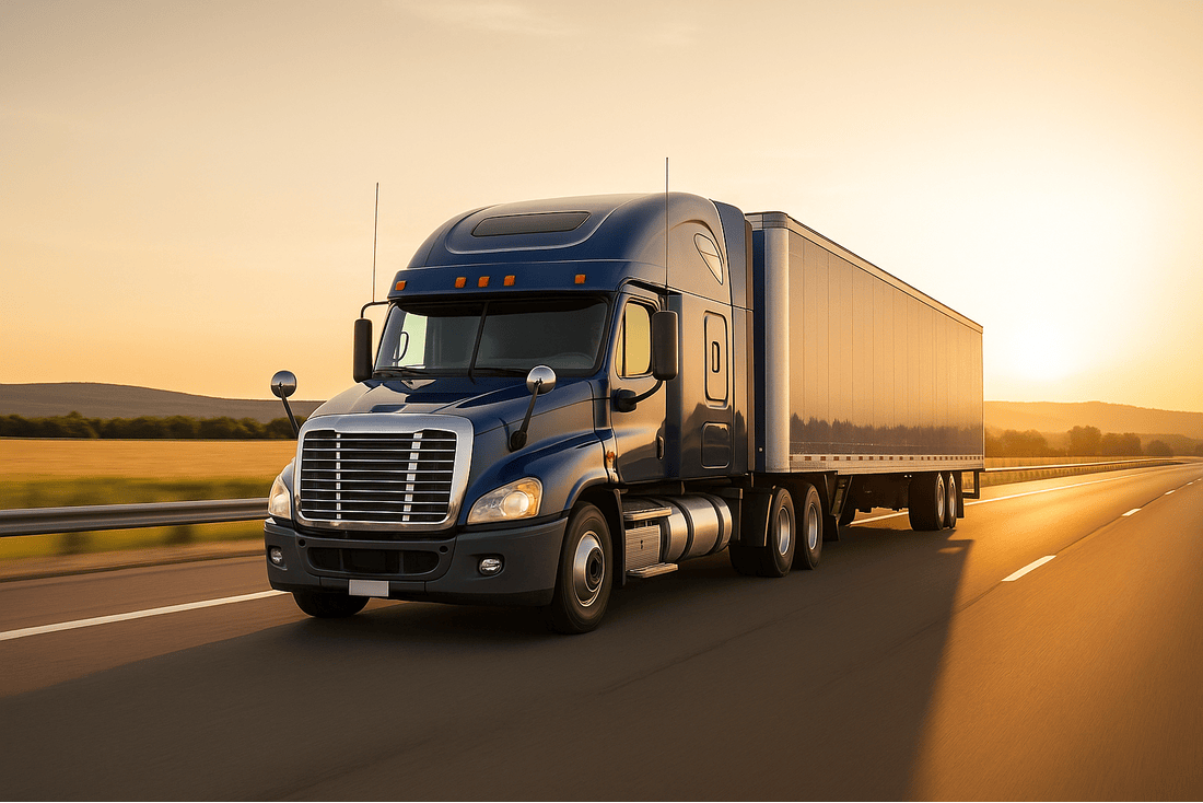 Blue semi-truck driving on a Florida highway at sunset