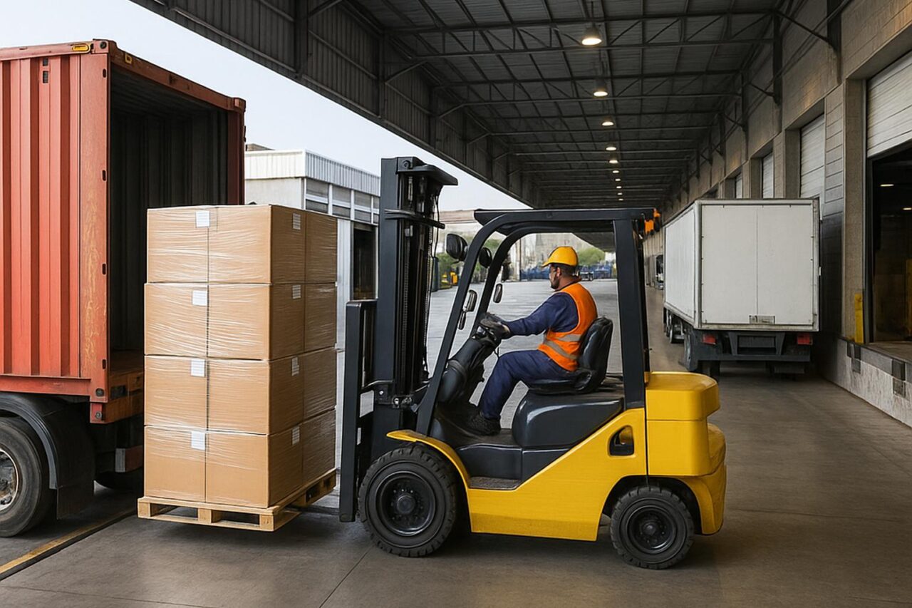 Forklift operator loading cardboard boxes into a shipping container at a warehouse dock.