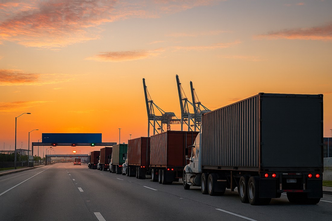 Early morning trucks line up at the PortMiami gate under a sunrise sky with cranes in the background.