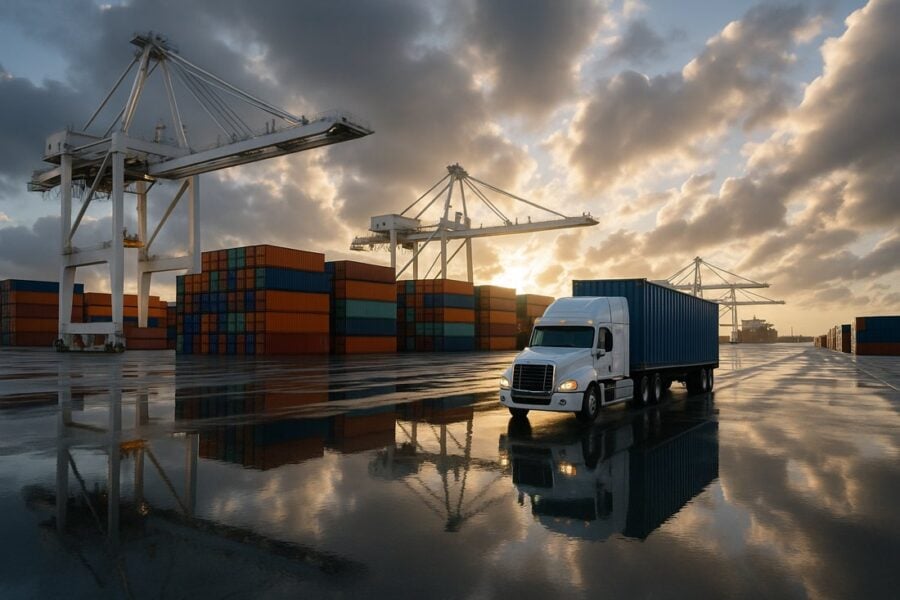 Truck departing Port Everglades after storm recovery as skies clear over Florida.