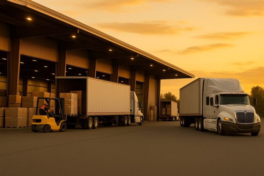 Forklift loading freight onto semi-truck at Florida warehouse during Thanksgiving week under warm sunset light