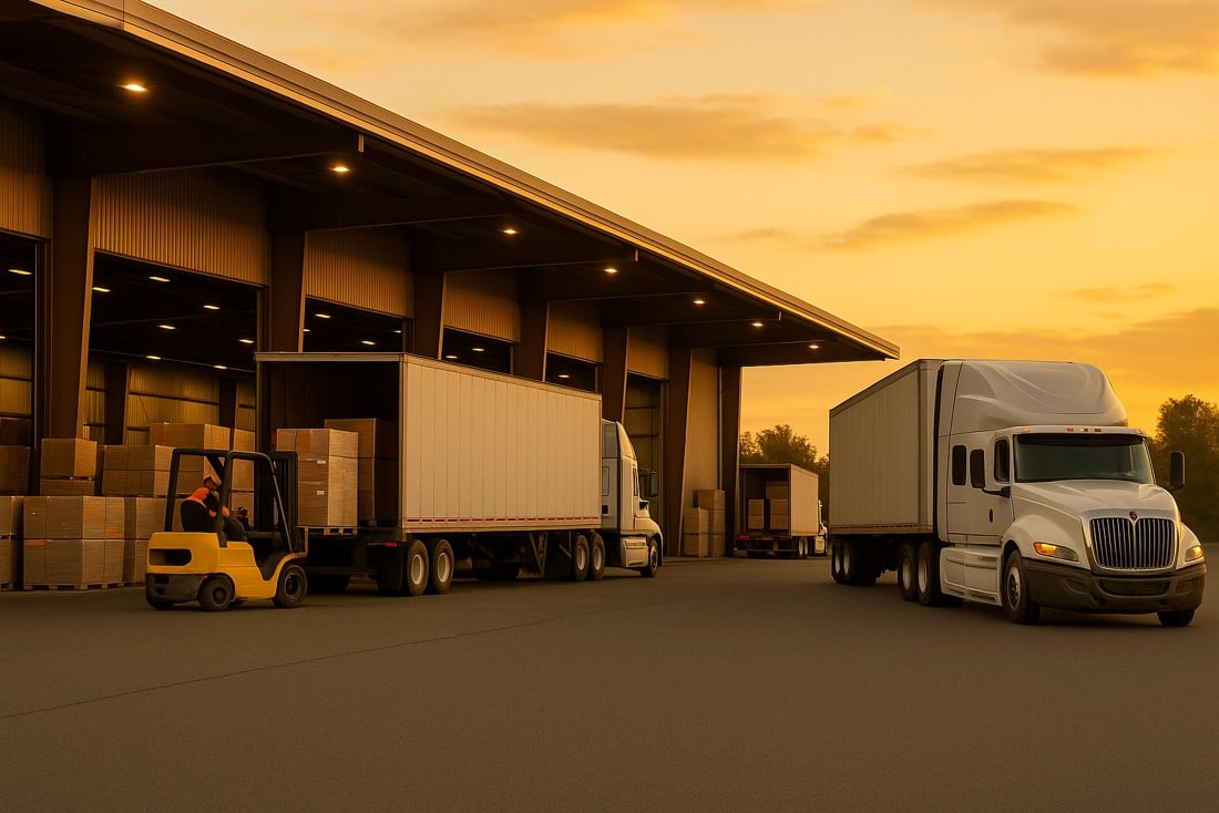 Forklift loading freight onto semi-truck at Florida warehouse during Thanksgiving week under warm sunset light