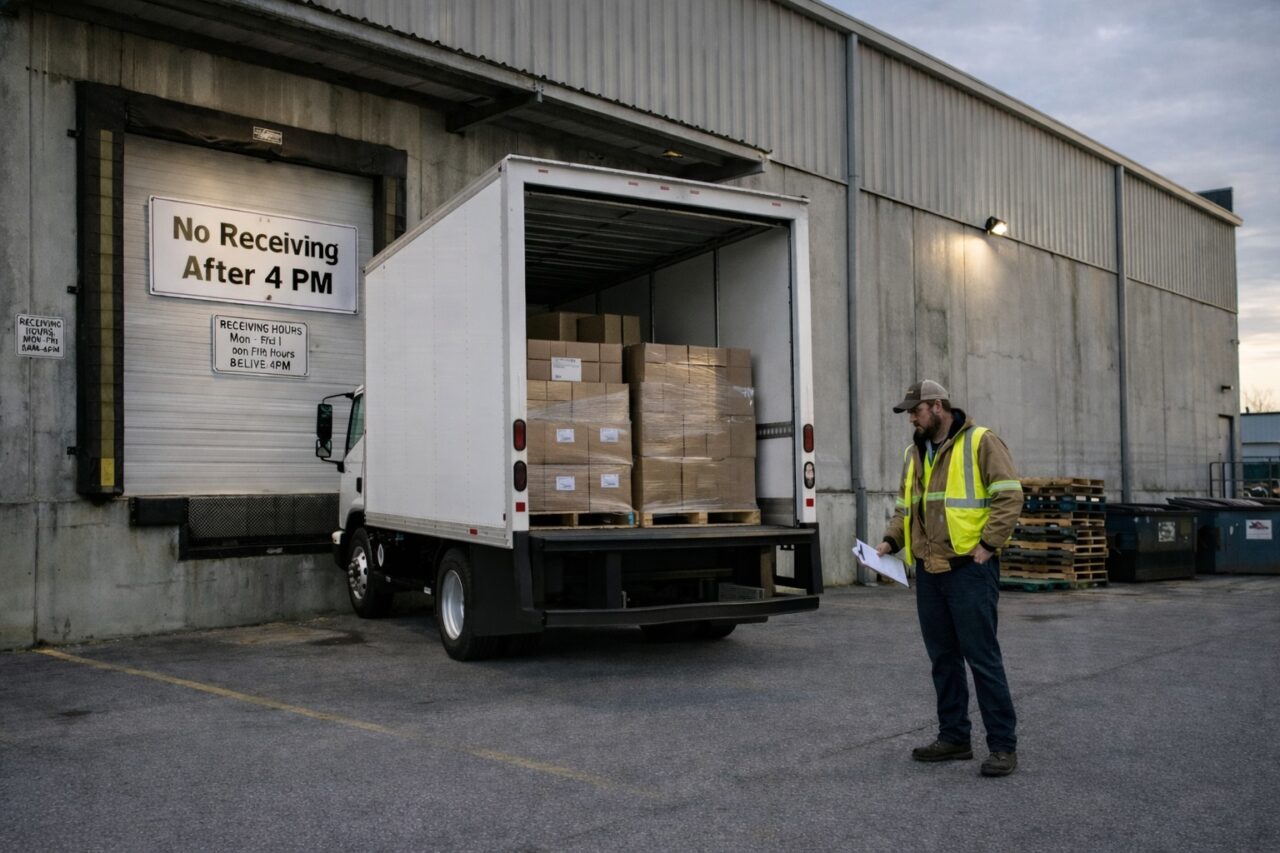 Box truck backed into a warehouse loading dock with palletized freight being inspected by a worker during receiving hours.