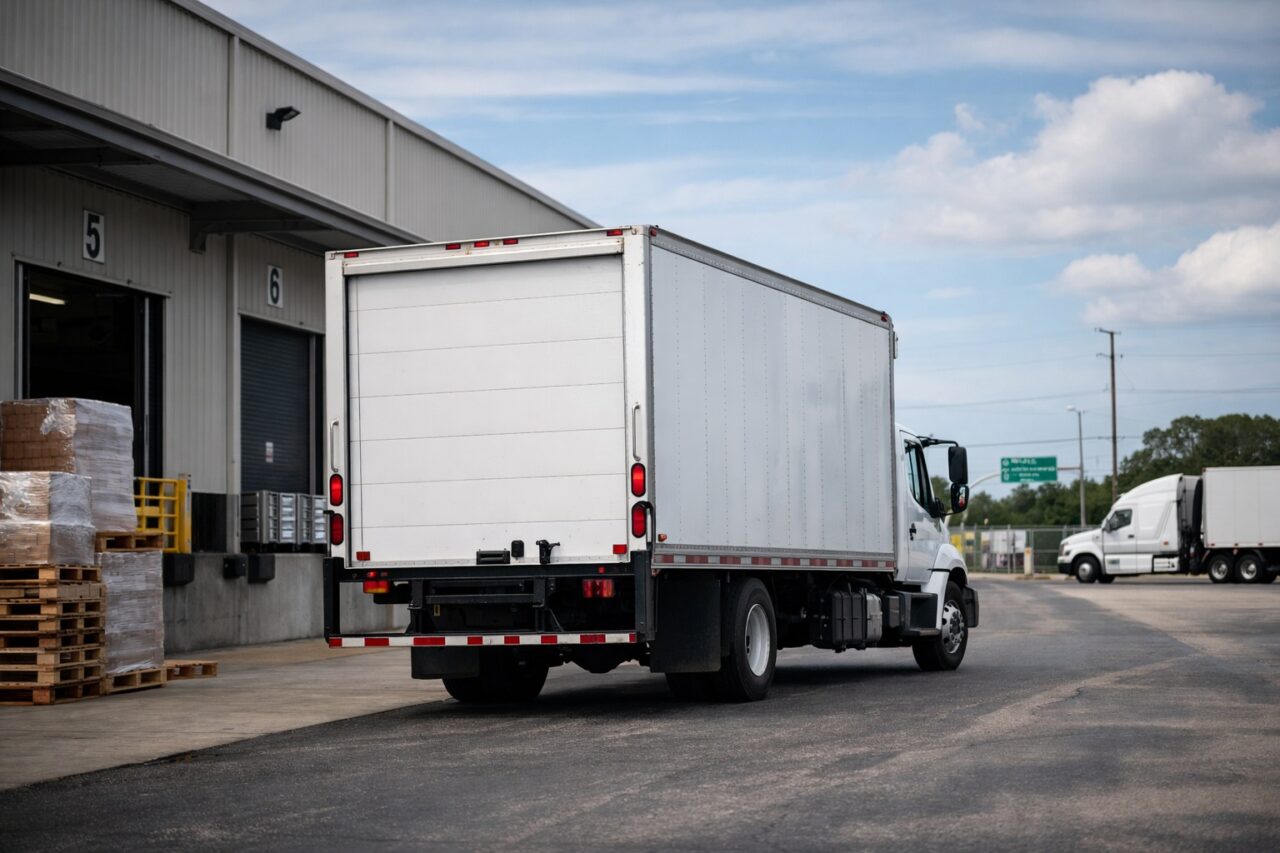 first mile pickup truck departing warehouse with freight